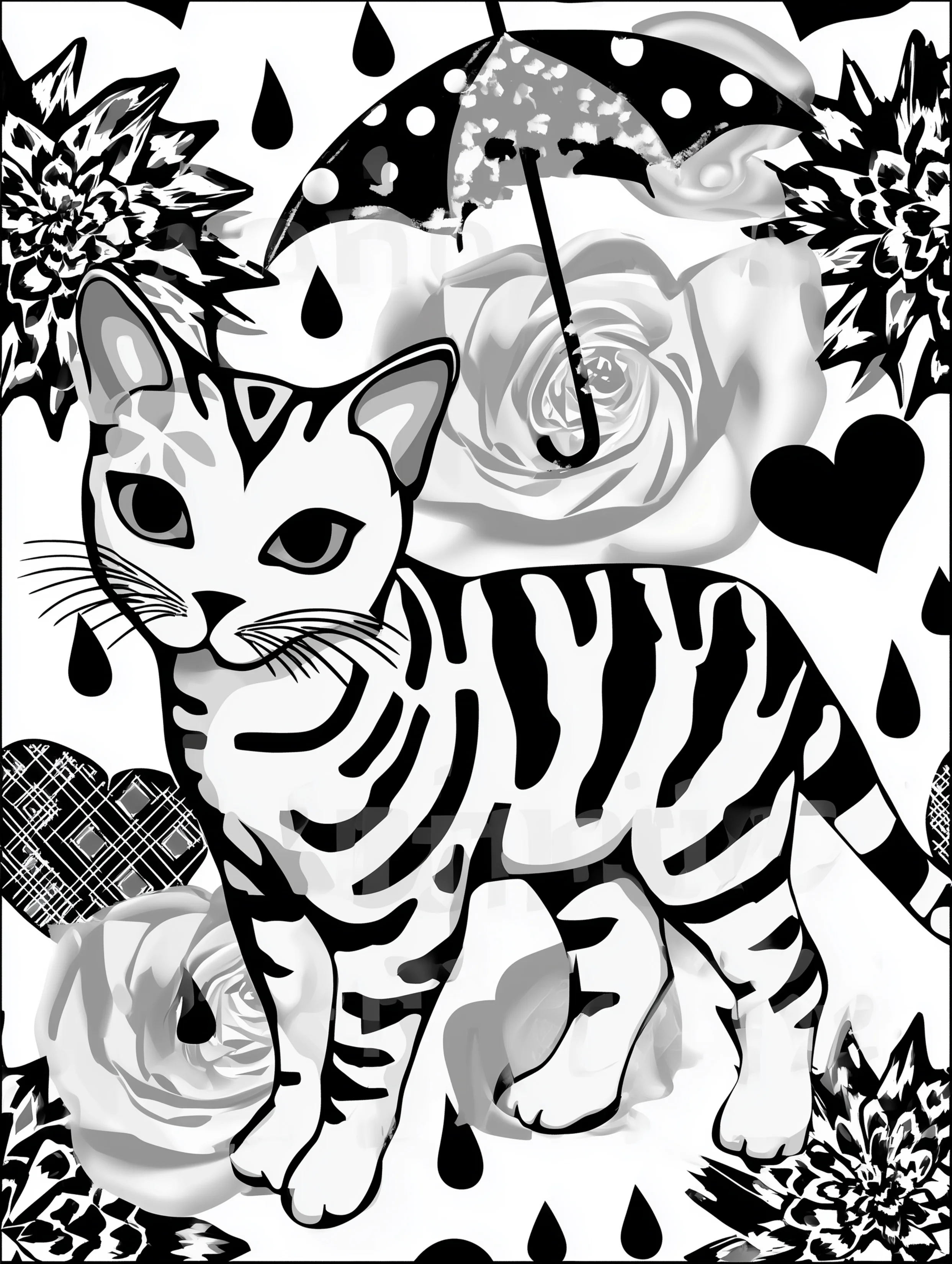 Free printable cats coloring page featuring a cat holding an umbrella in the rain